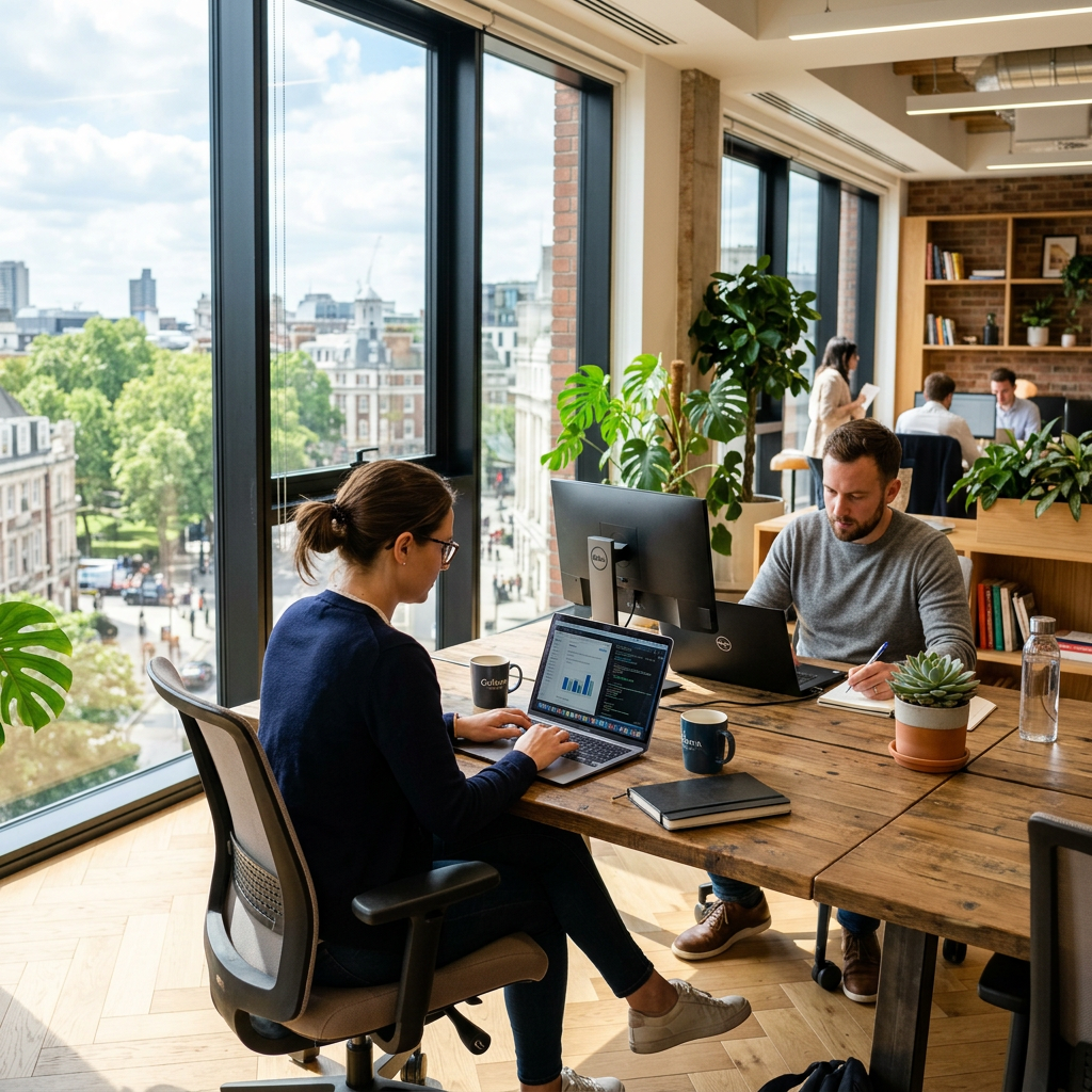 Two people working on laptops at a wooden desk by large windows in a bright office