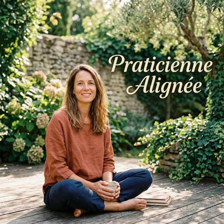 Woman sitting cross-legged on wooden deck holding a cup in a lush garden
