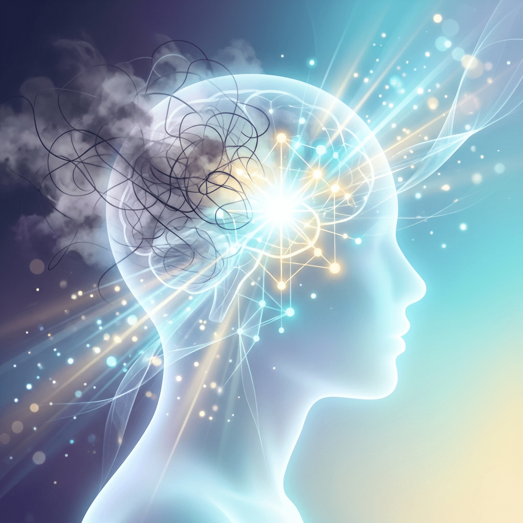 Side profile of human head with abstract brain showing tangled dark lines on one side and glowing neural connections on the other